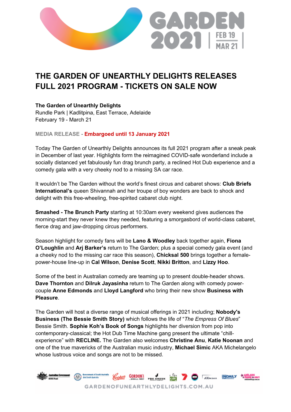 The Garden of Unearthly Delights Releases Full 2021 Program - Tickets on Sale Now