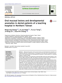 Oral Mucosal Lesions and Developmental Anomalies in Dental Patients of a Teaching Hospital in Northern Taiwan