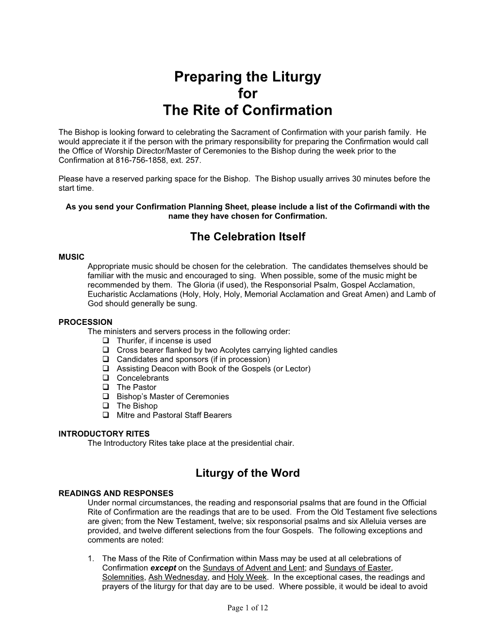 Preparing the Liturgy for the Rite of Confirmation