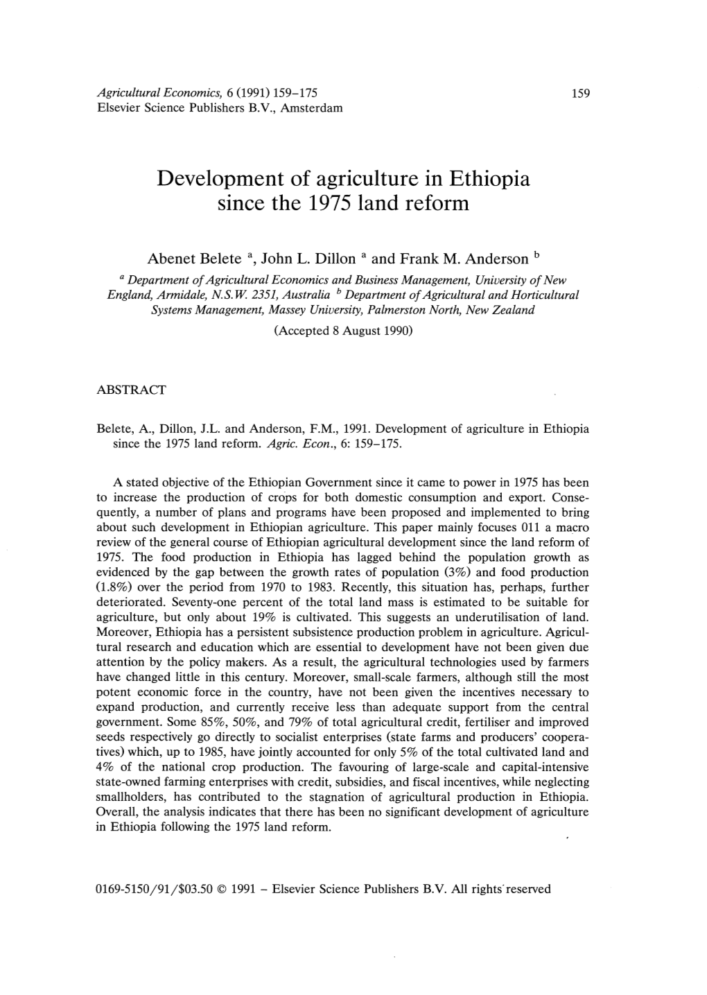 Development of Agriculture in Ethiopia Since the 1975 Land Reform