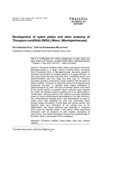 Development of Xylem Plates and Stem Anatomy of Tinospora Cordifolia (Willd.) Miers