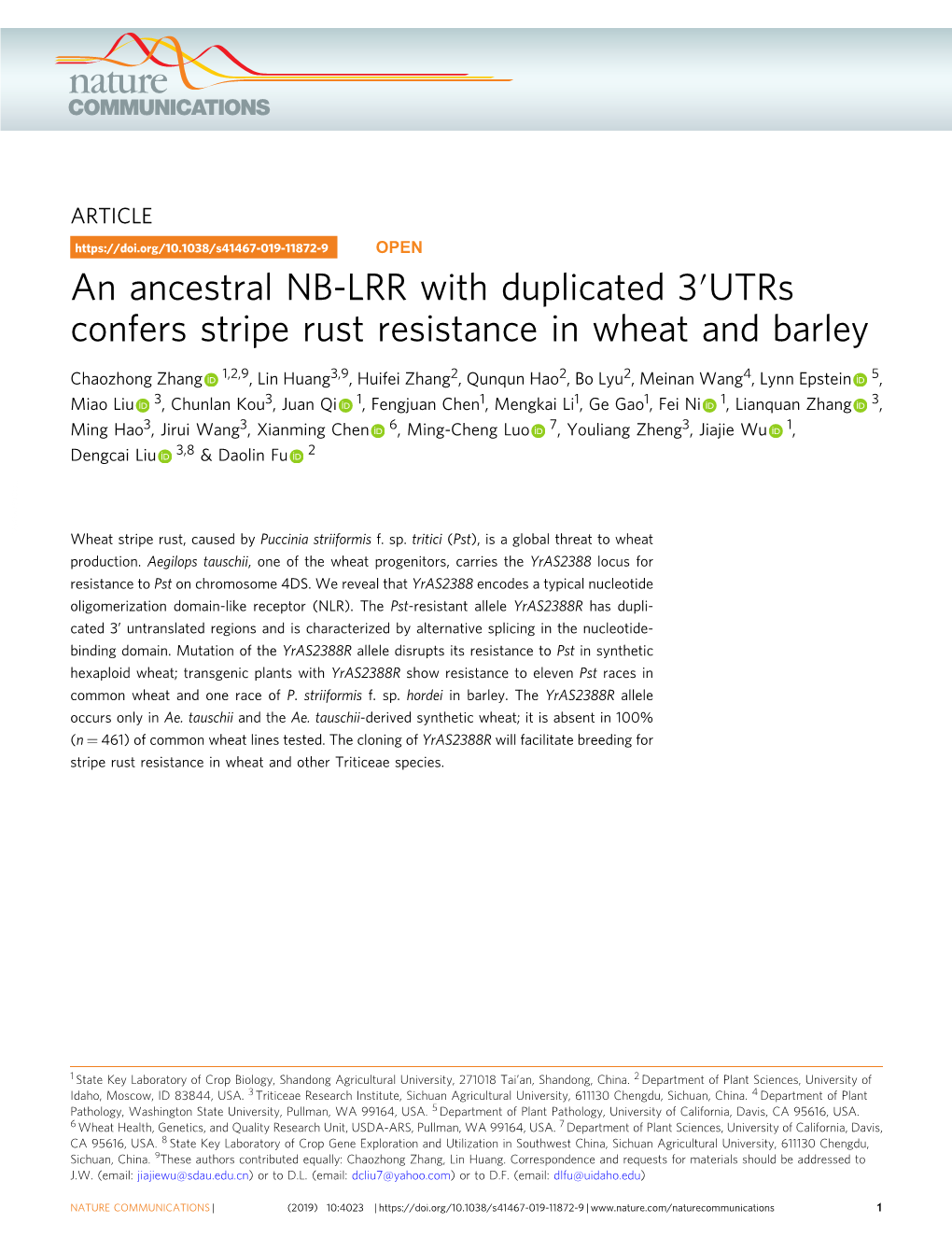 An Ancestral NB-LRR with Duplicated 3Â€²Utrs Confers Stripe Rust