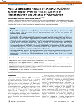 Mass Spectrometric Analysis of Ehrlichia Chaffeensis Tandem Repeat Proteins Reveals Evidence of Phosphorylation and Absence of Glycosylation