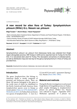 A New Record for Alien Flora of Turkey: Symphyotrichum Pilosum (Willd.) G.L