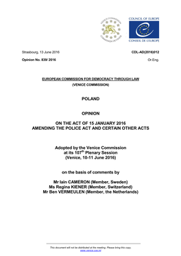 Poland Opinion on the Act of 15 January 2016 Amending
