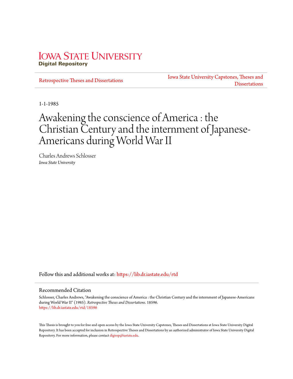 The Christian Century and the Internment of Japanese- Americans During World War II Charles Andrews Schlosser Iowa State University