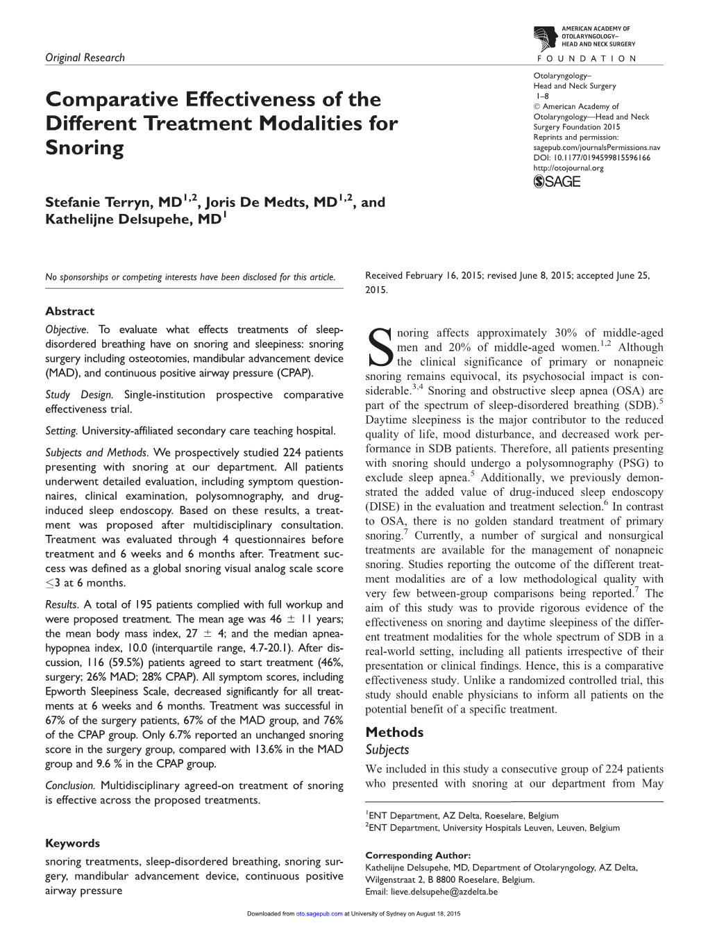 Downloaded from Oto.Sagepub.Com at University of Sydney on August 18, 2015 2 Otolaryngology–Head and Neck Surgery