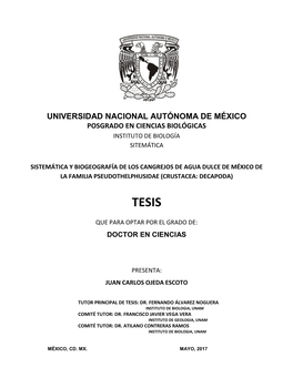 Tesis: Sistemática Y Biogeografía De Los Cangrejos De Agua Dulce De México De La Familia Pseudothelphusidae (Crustacea: Decap