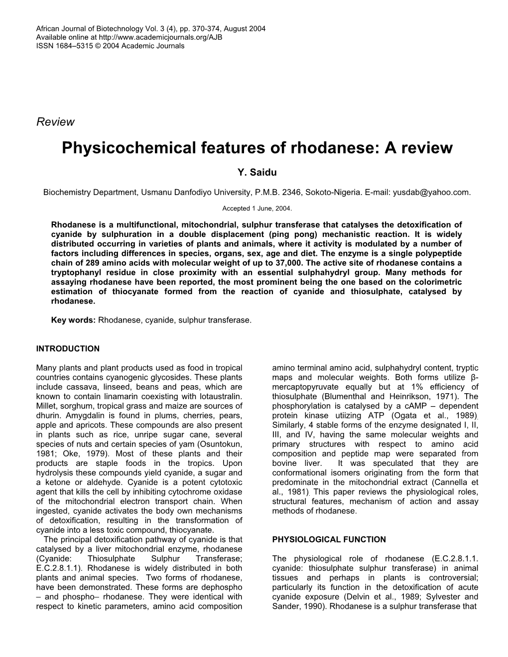 Physicochemical Features of Rhodanese: a Review