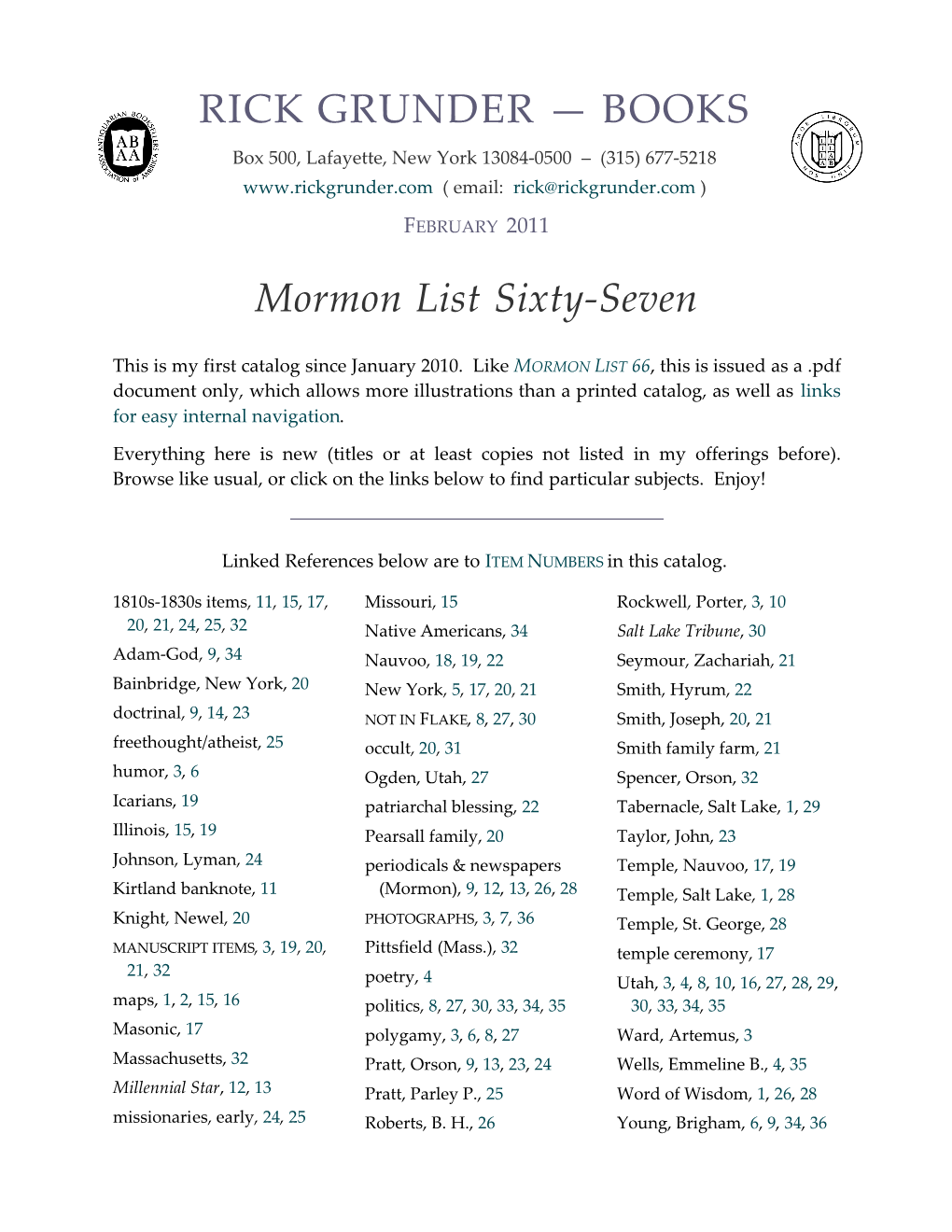 RICK GRUNDER — BOOKS Mormon List Sixty-Seven