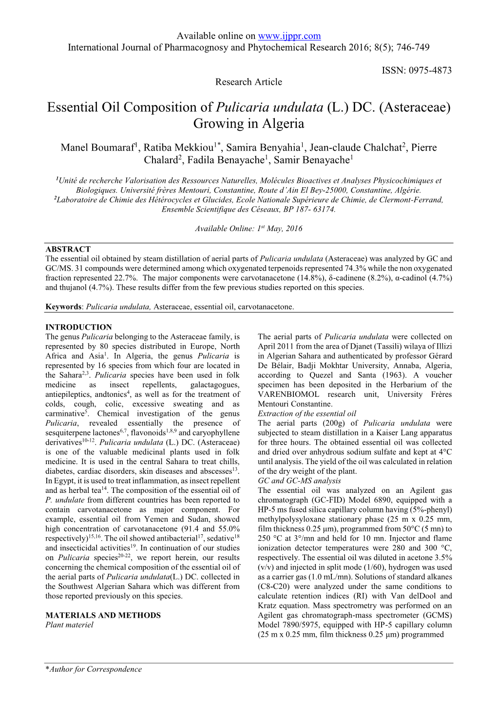 Essential Oil Composition of Pulicaria Undulata (L.) DC. (Asteraceae) Growing in Algeria