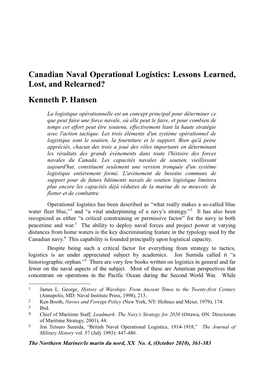 Canadian Naval Operational Logistics: Lessons Learned, Lost, and Relearned? Kenneth P