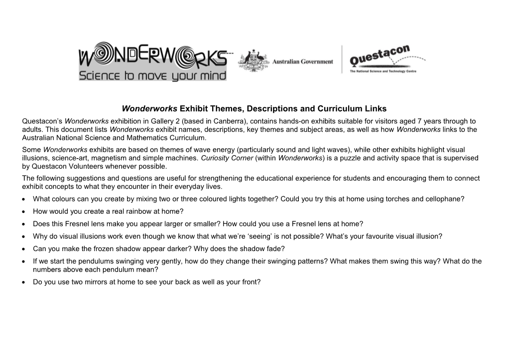 Questacon Wonderworks Teacher Notes