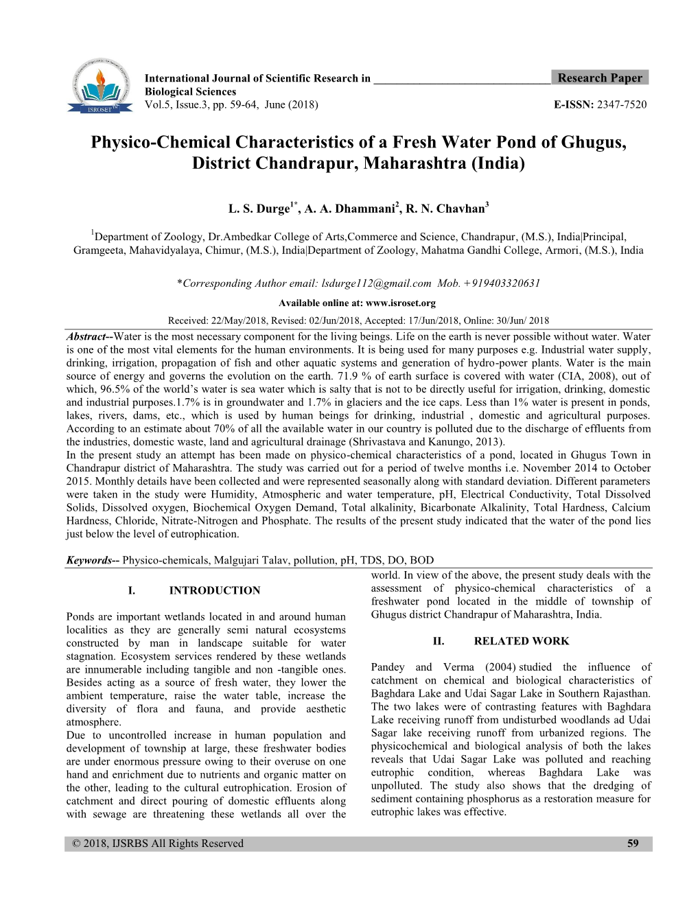 Physico-Chemical Characteristics of a Fresh Water Pond of Ghugus, District Chandrapur, Maharashtra (India)