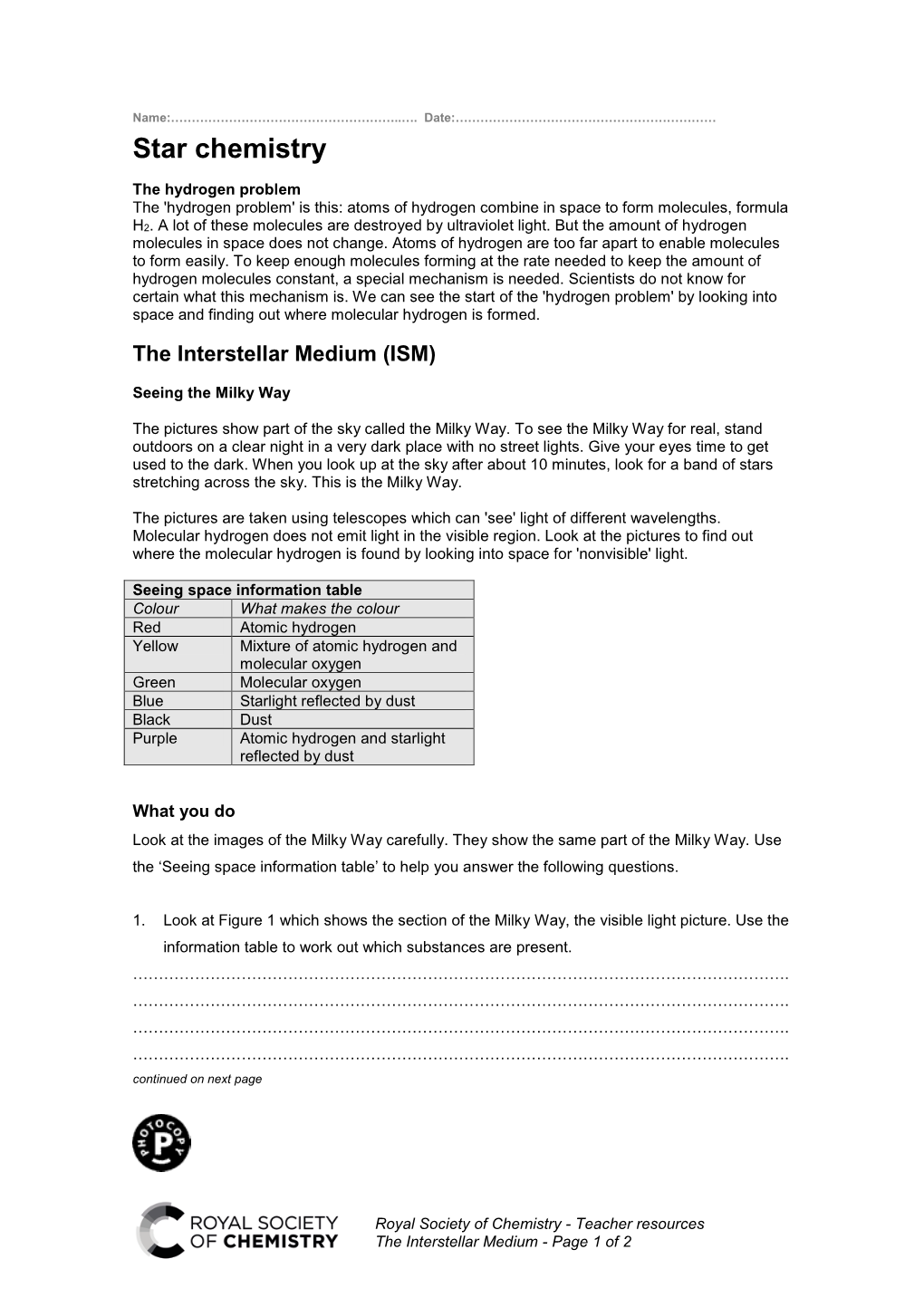 The Interstellar Medium Worksheet