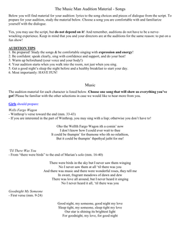 The Music Man Audition Material - Songs Below You Will Find Material for Your Audition: Lyrics to the Song Choices and Pieces of Dialogue from the Script