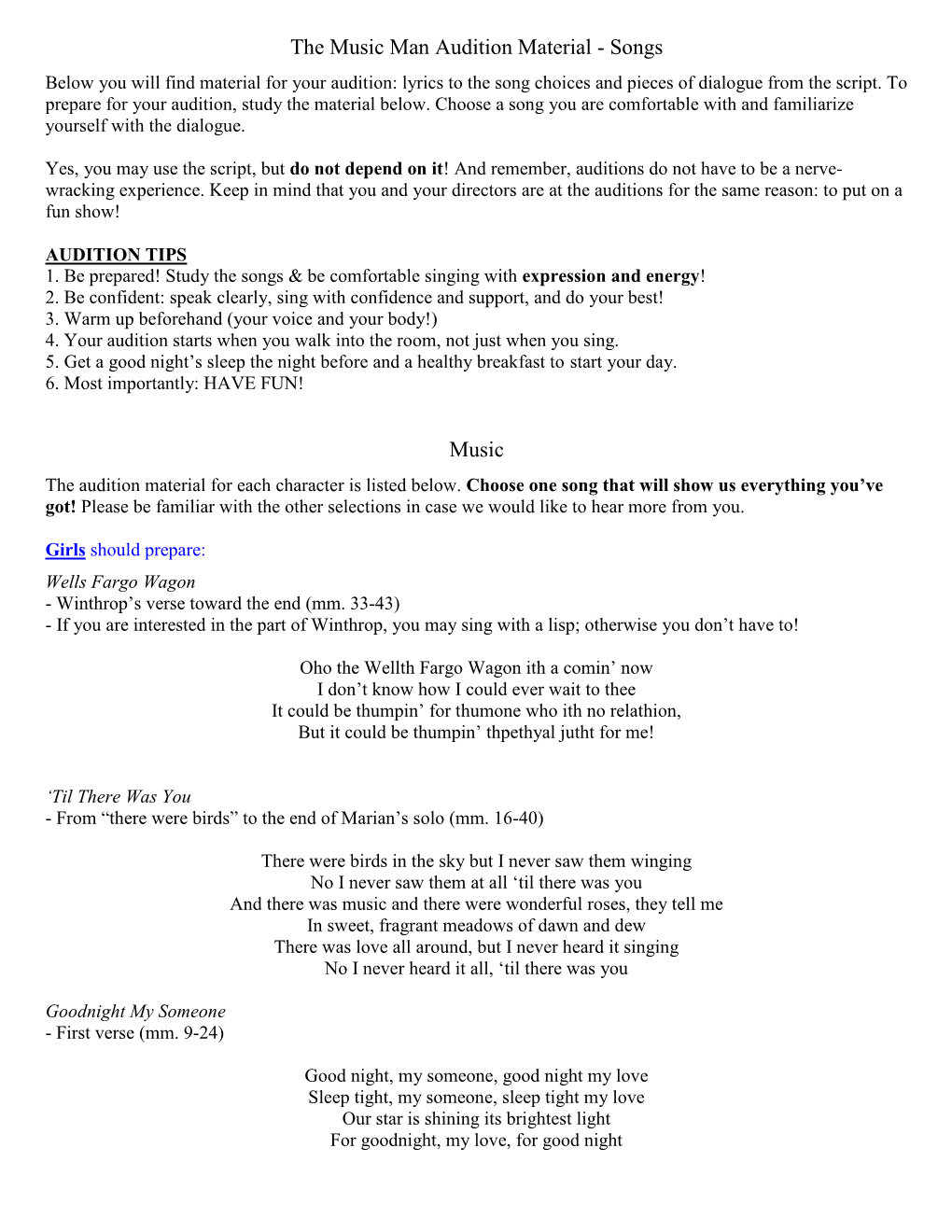 The Music Man Audition Material - Songs Below You Will Find Material ...