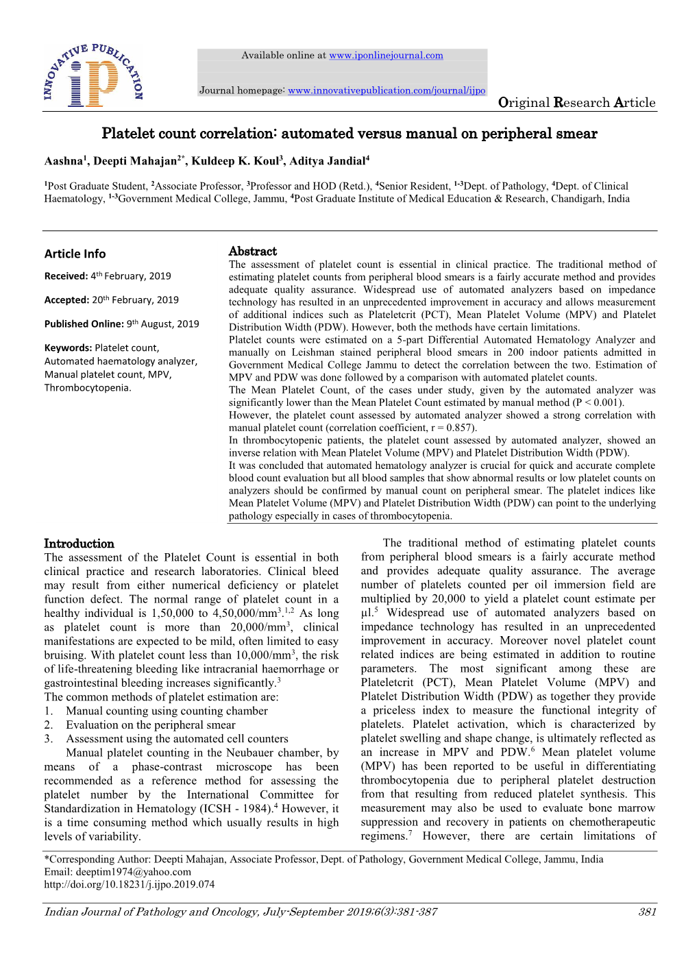 Platelet Count Correlation Automated Versus Manual on Peripheral Smear