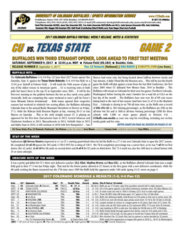 BUFFALOES WIN THIRD STRAIGHT OPENER, LOOK AHEAD to FIRST TXST MEETING SATURDAY, SEPTEMBER 9, 2017 12:01 P.M