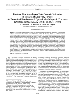 Geochronology of Late Cenozoic Volcanism in the Area of Lake Van