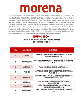 Nuevo León Domicilios De Asambleas Municipales 8 De Febrero De 2018