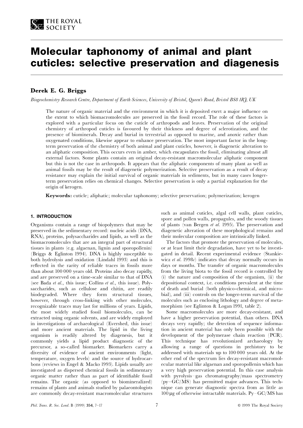 Molecular Taphonomy of Animal and Plant Cuticles: Selective Preservation and Diagenesis