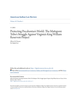 Protecting Pocahontas's World: the Mattaponi Tribe's Struggle Against Virginia's King William Reservoir Project, 36 Am
