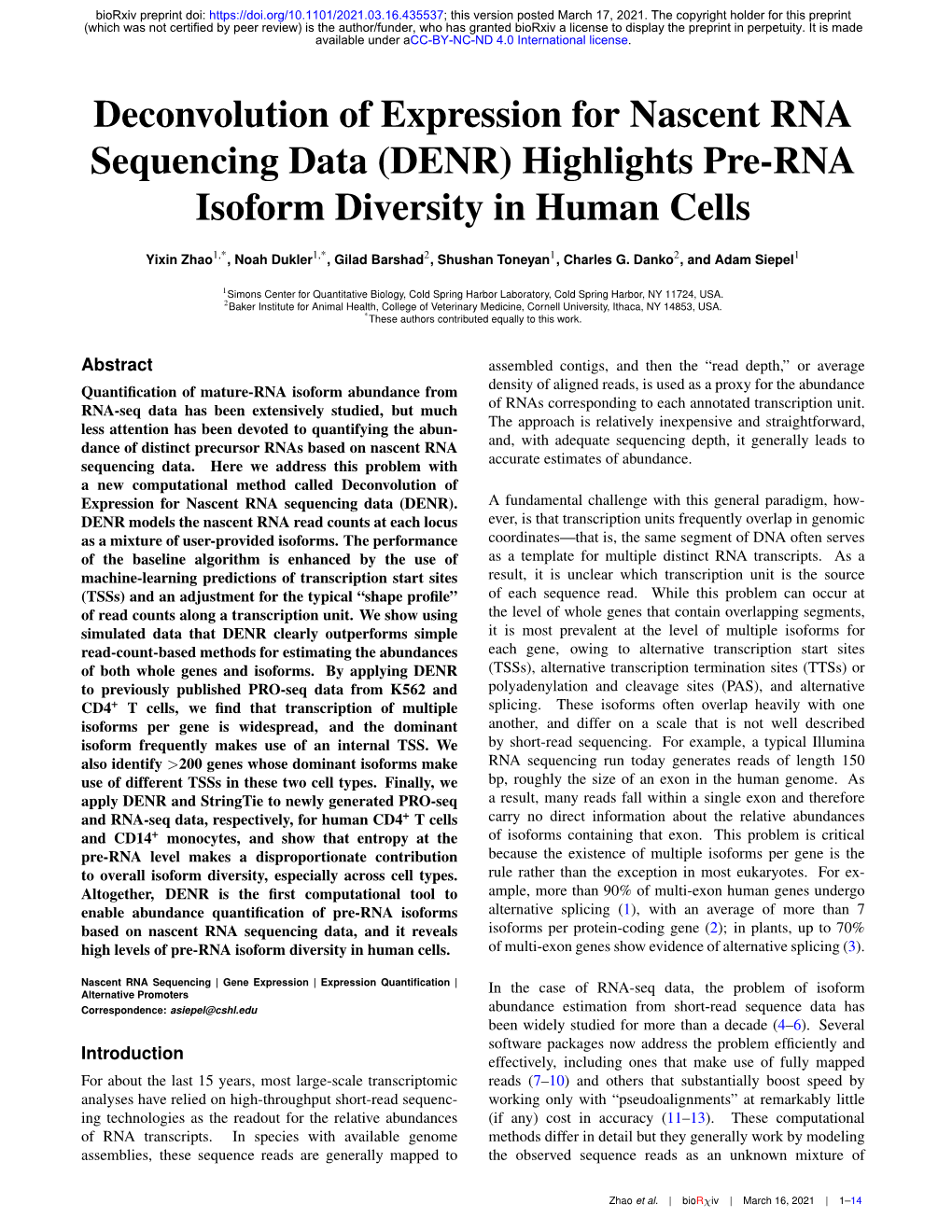 Deconvolution of Expression for Nascent RNA Sequencing Data (DENR) Highlights Pre-RNA Isoform Diversity in Human Cells