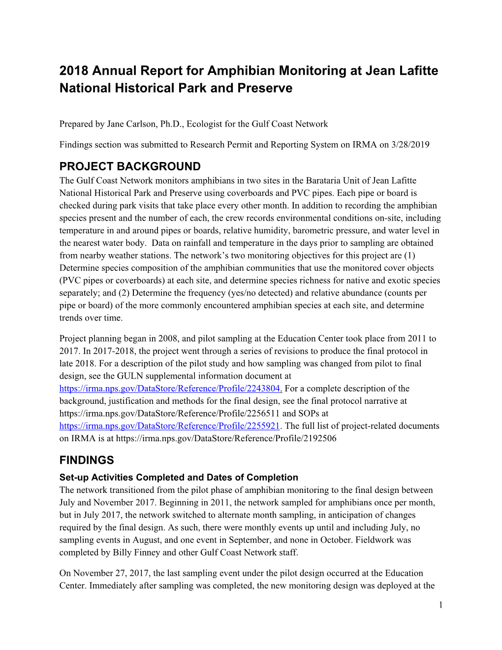 2018 Annual Report for Amphibian Monitoring at Jean Lafitte National Historical Park and Preserve