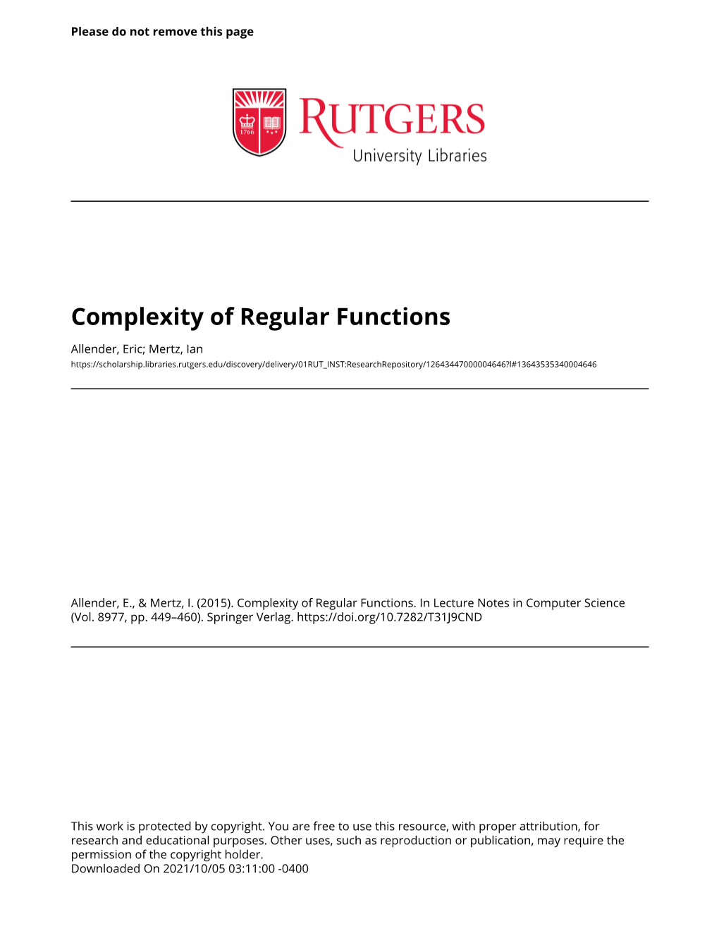 Complexity of Regular Functions