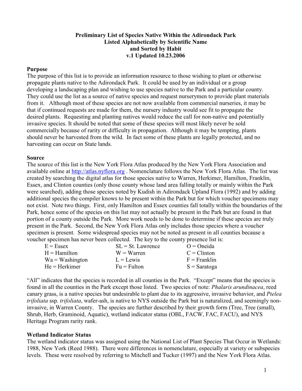 Preliminary List of Species Native Within the Adirondack Park Listed Alphabetically by Scientific Name and Sorted by Habit V.1 Updated 10.23.2006