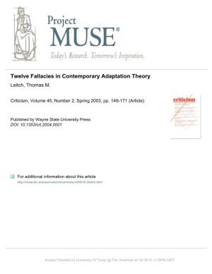 Twelve Fallacies in Contemporary Adaptation Theory Leitch, Thomas M