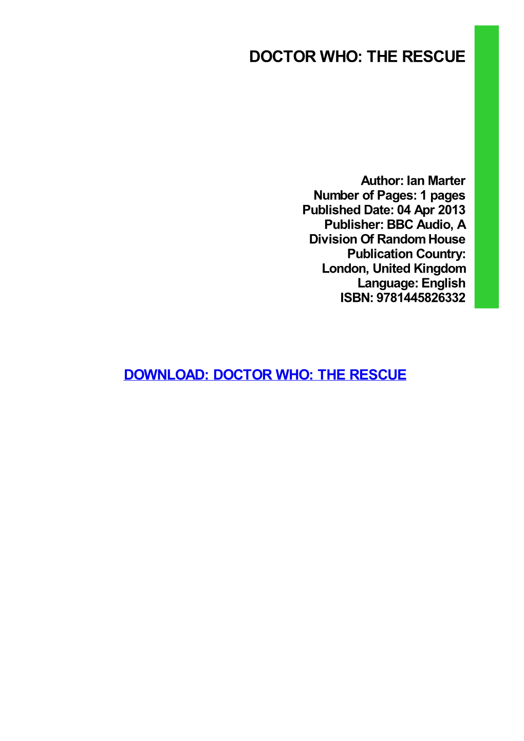 Doctor Who: the Rescue Ebook Free Download