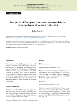 Two Species of Psocoptera (Insecta) As New Records to the Bulgarian Fauna with a Country Checklist