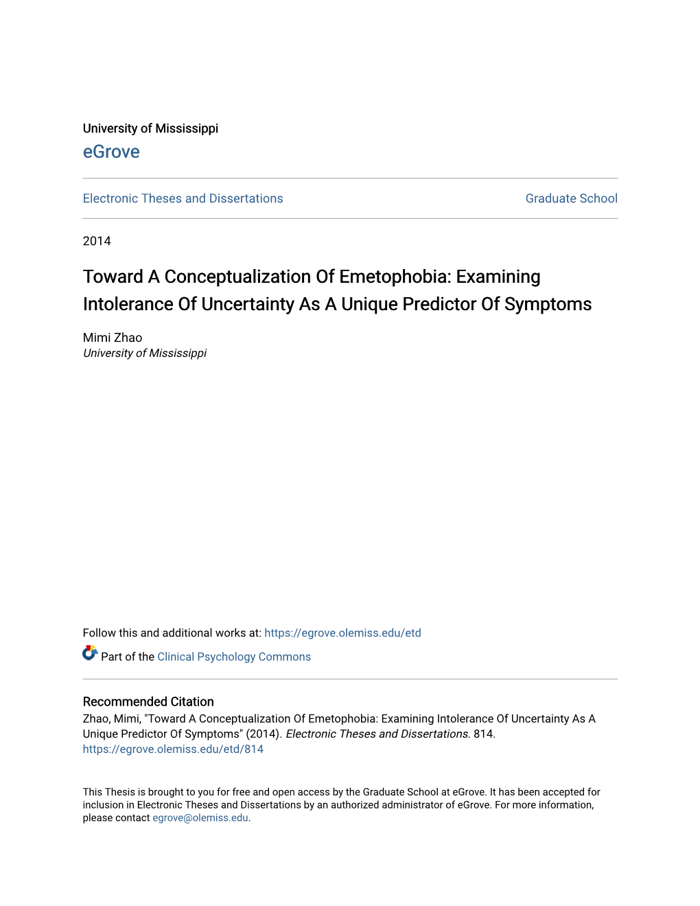 Toward a Conceptualization of Emetophobia: Examining Intolerance of Uncertainty As a Unique Predictor of Symptoms