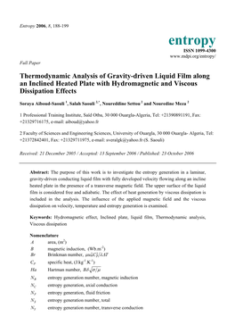 Entropy 2006, 8, 188-199 Entropy ISSN 1099-4300 Full Paper