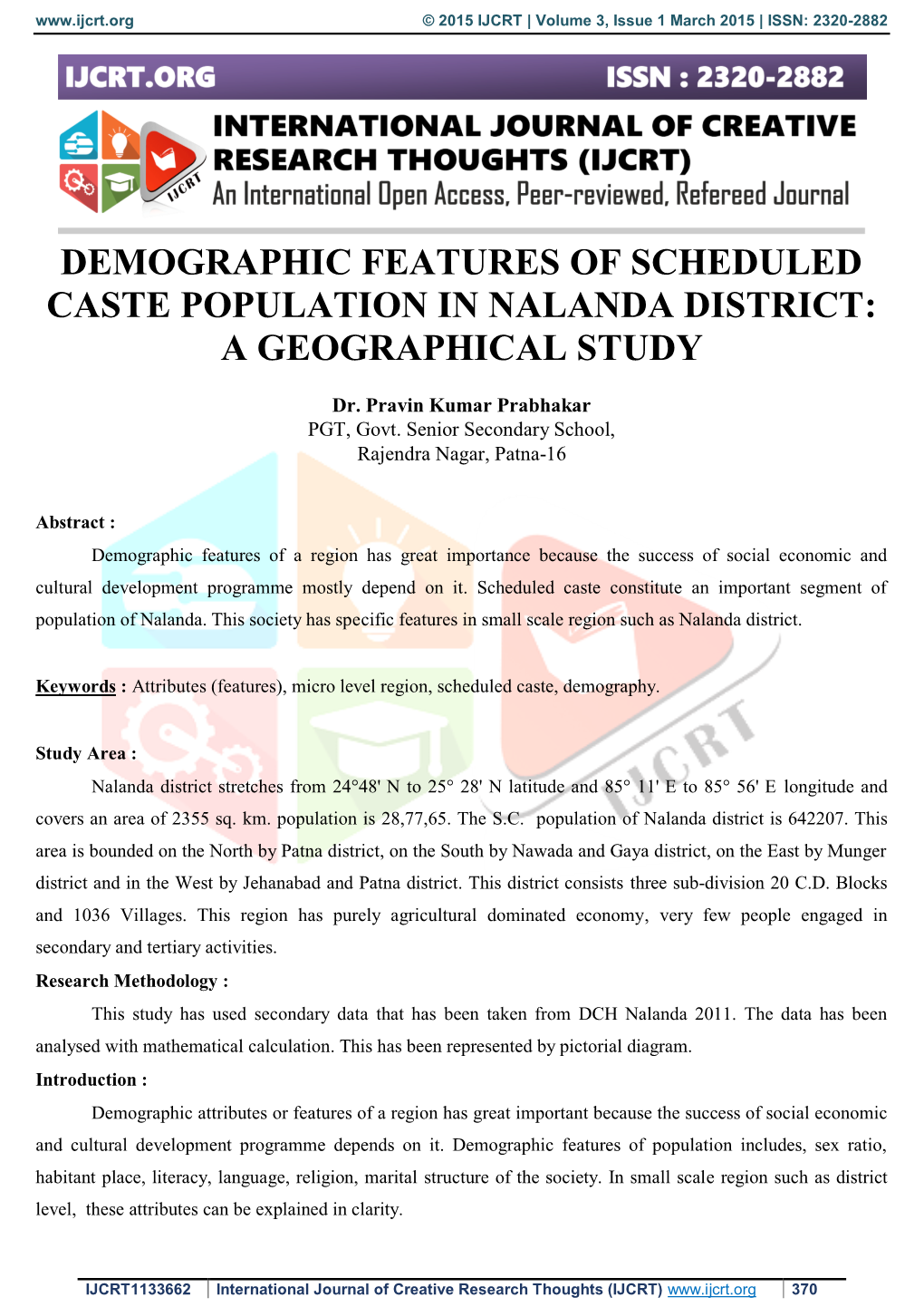 Demographic Features of Scheduled Caste Population in Nalanda District: a Geographical Study
