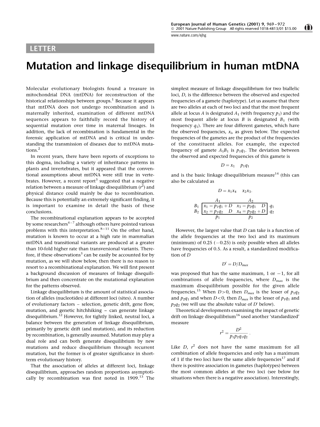 Mutation and Linkage Disequilibrium in Human Mtdna