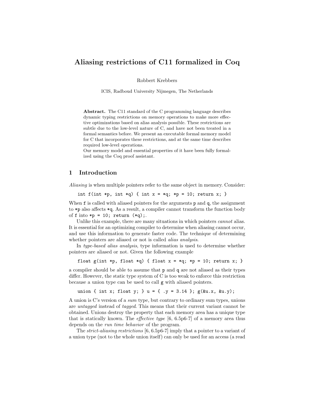 Aliasing Restrictions of C11 Formalized in Coq