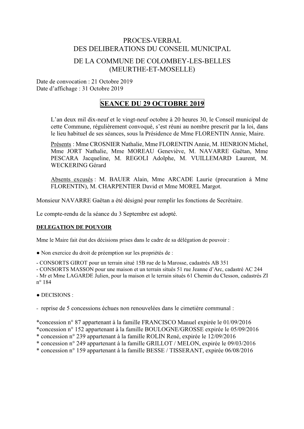 Proces-Verbal Des Deliberations Du Conseil Municipal