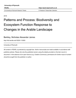 Patterns and Process: Biodiversity and Ecosystem Function Response to Changes in the Arable Landscape