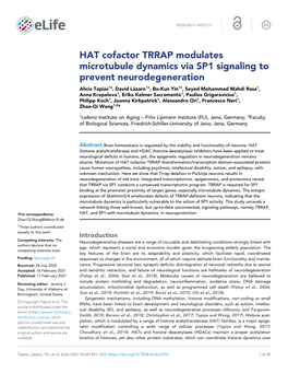 HAT Cofactor TRRAP Modulates Microtubule Dynamics Via SP1