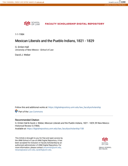 Mexican Liberals and the Pueblo Indians, 1821 - 1829