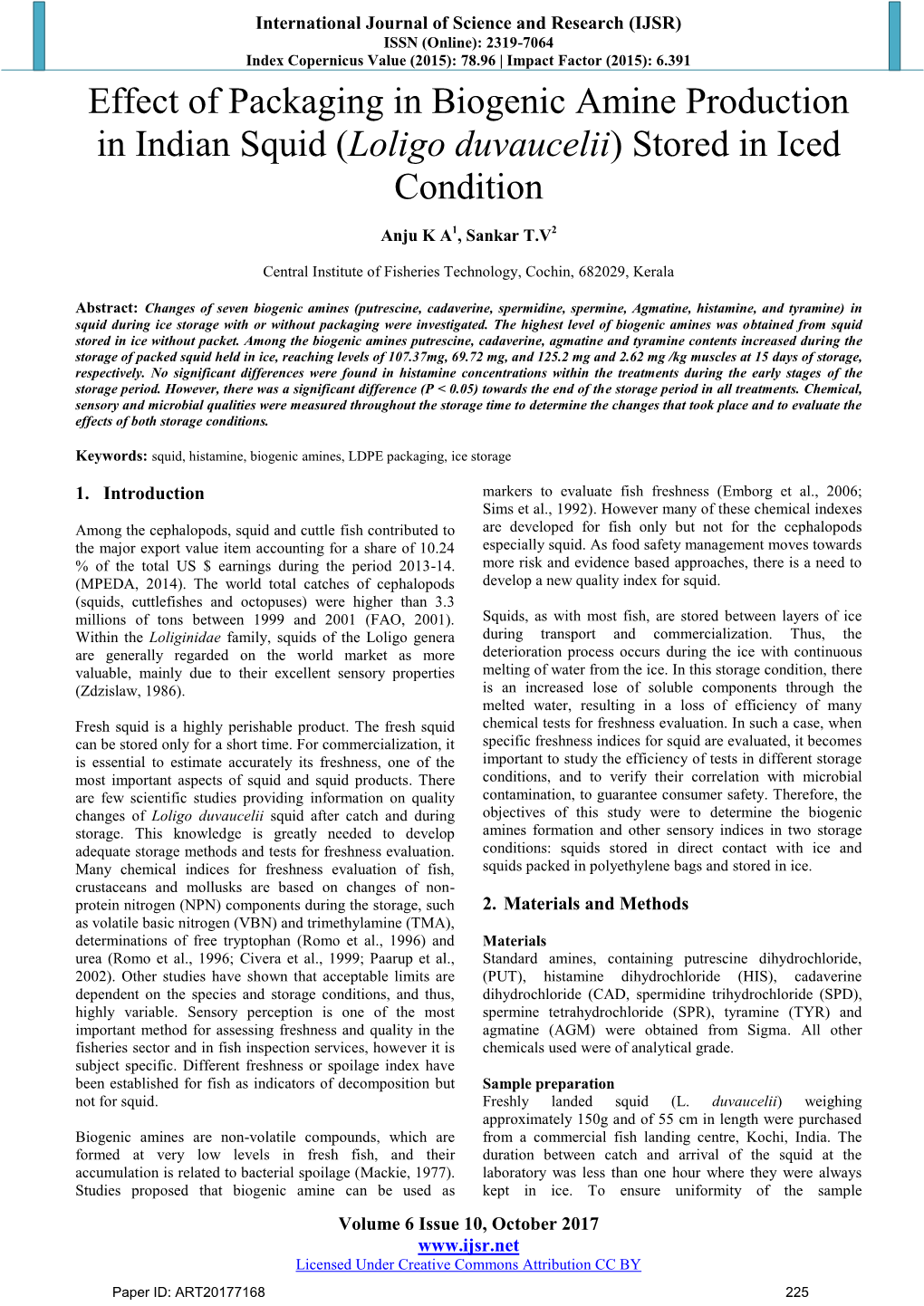 Effect of Packaging in Biogenic Amine Production in Indian Squid (Loligo Duvaucelii) Stored in Iced Condition