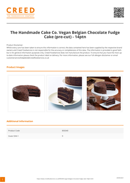 The Handmade Cake Co. Vegan Belgian Chocolate Fudge Cake (Pre-Cut) - 14Ptn