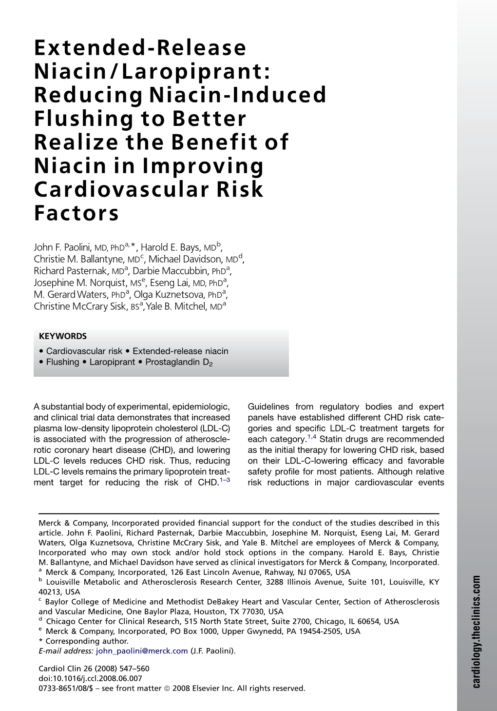 Extended-Release Niacin/Laropiprant: Reducing Niacin-Induced Flushing to Better Realize the Benefit of Niacin in Improving Cardiovascular Risk Factors