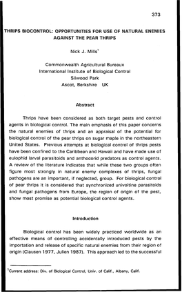 Rhrlps BIOCONTROL: OPPORTUNITIES for USE of NATURAL ENEMIES AGAINST the PEAR THRIPS