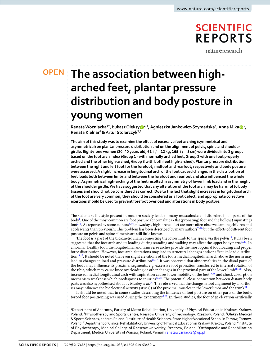 Arched Feet, Plantar Pressure Distribution and Body Posture In