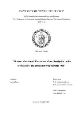 Fitness Reduction of Bactrocera Oleae (Rossi) Due to the Alteration of the Endosymbiotic Bacteria Titer”