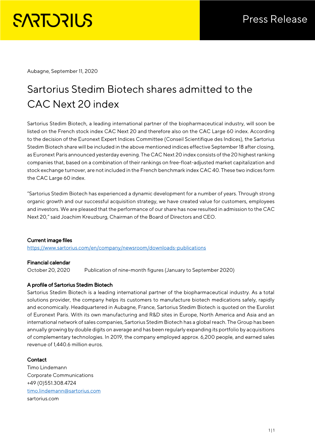 Press Release Sartorius Stedim Biotech Shares Admitted to the CAC